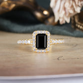 1 Carat Emerald Cut Classic Halo Black Onyx Engagement Ring